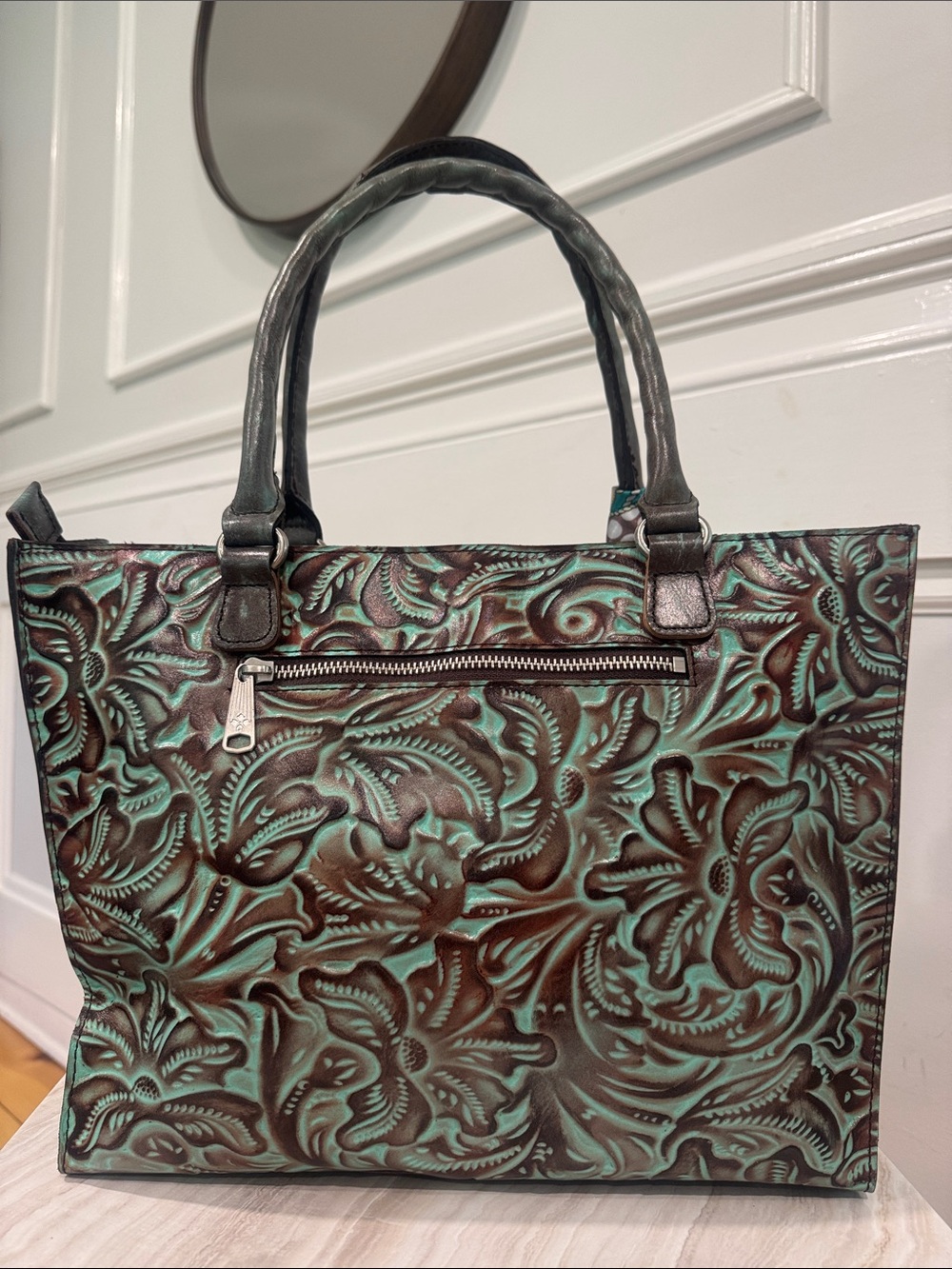 Patricia Nash Bag Vintage Tooled Turquoise and Brown Embossed Tote - Picture 7 of 17